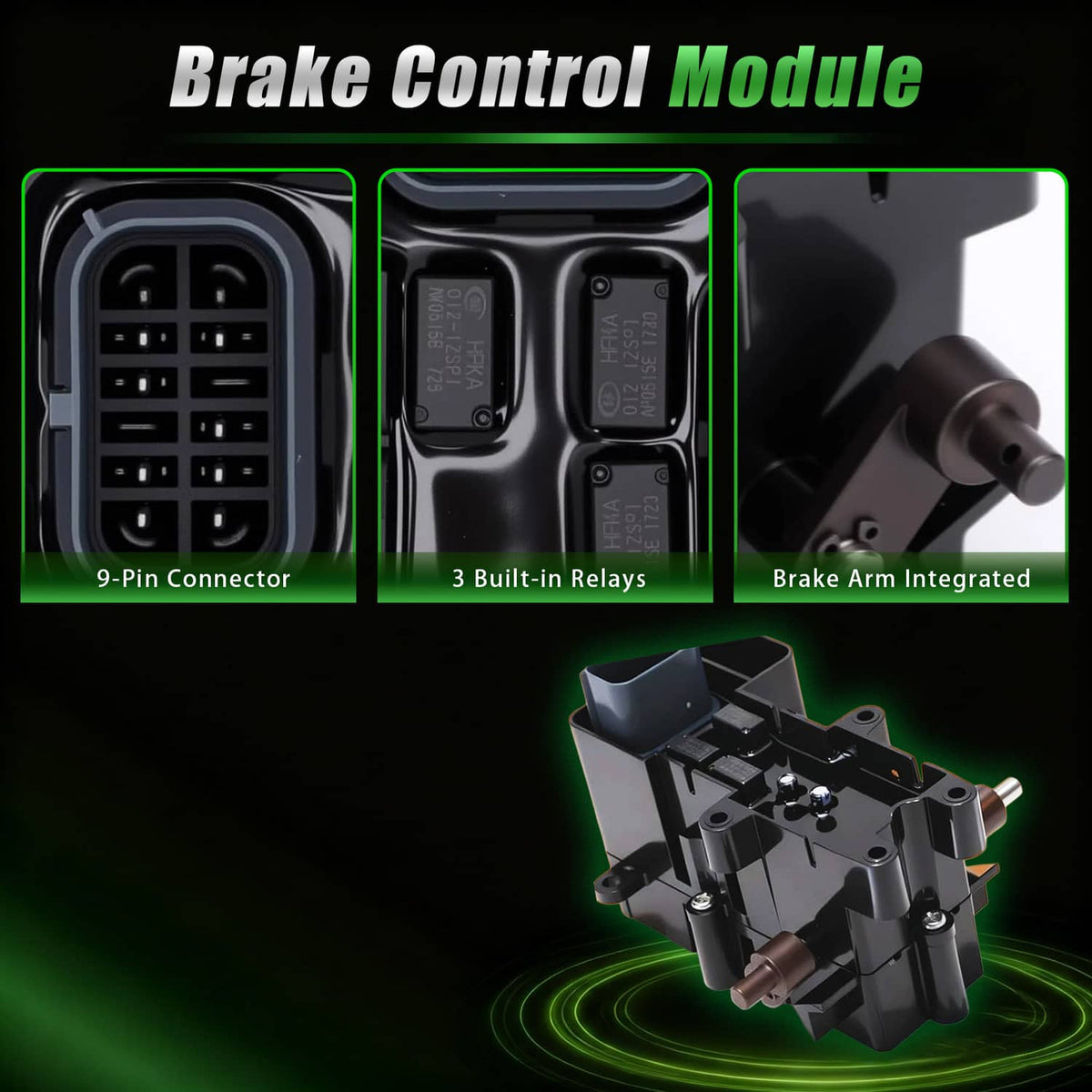 Brake control module with 9-pin connector, relays, and integrated brake arm