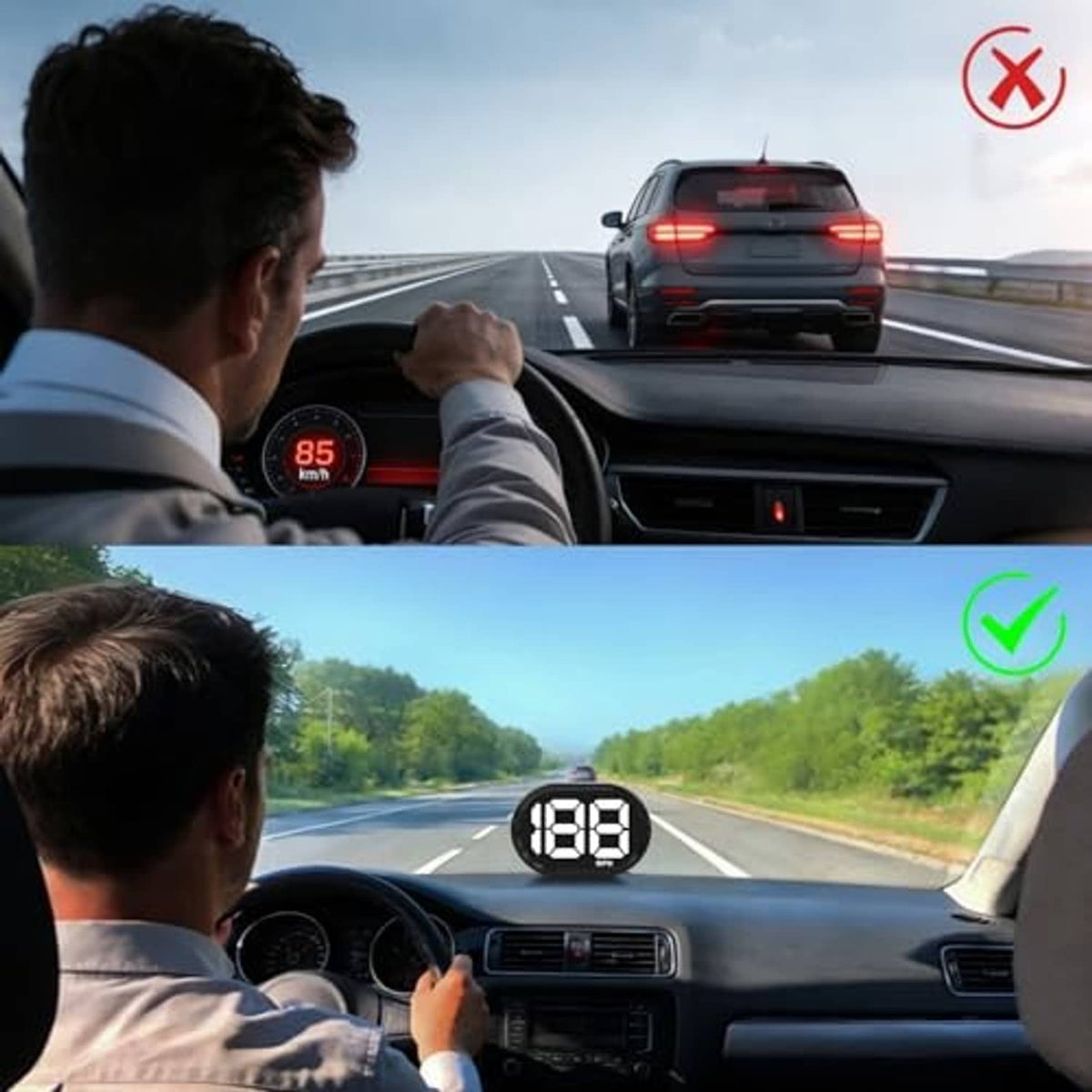 Car dashboard HUD speedometer view with 168 MPH LED digits