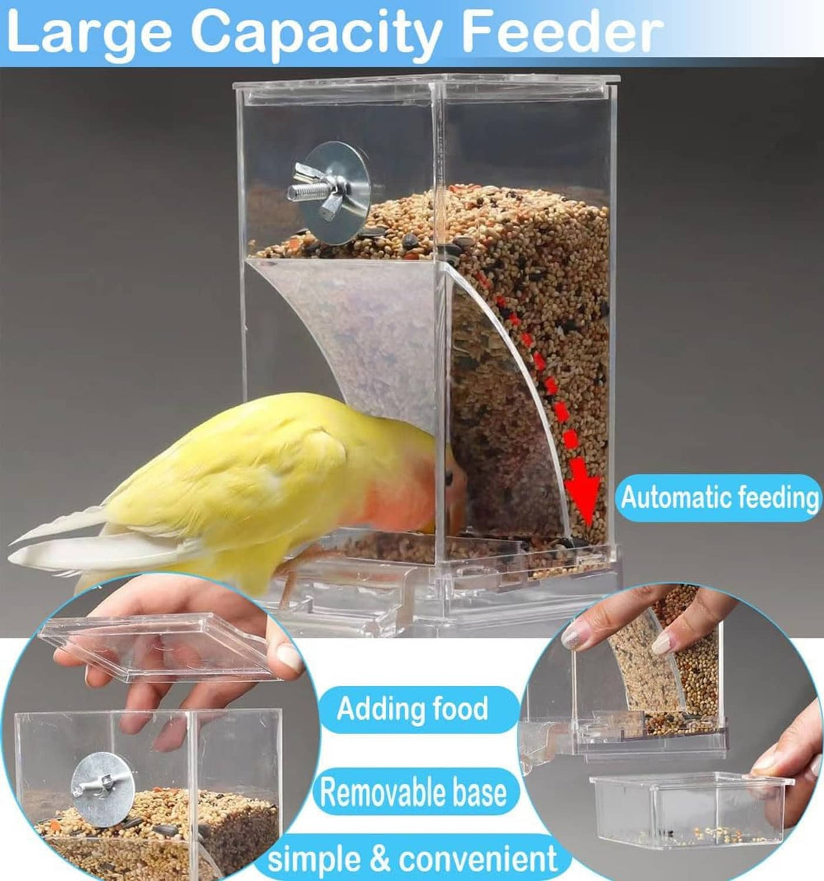 Transparent automatic cage feeder with mixed seed chamber, yellow and orange birds