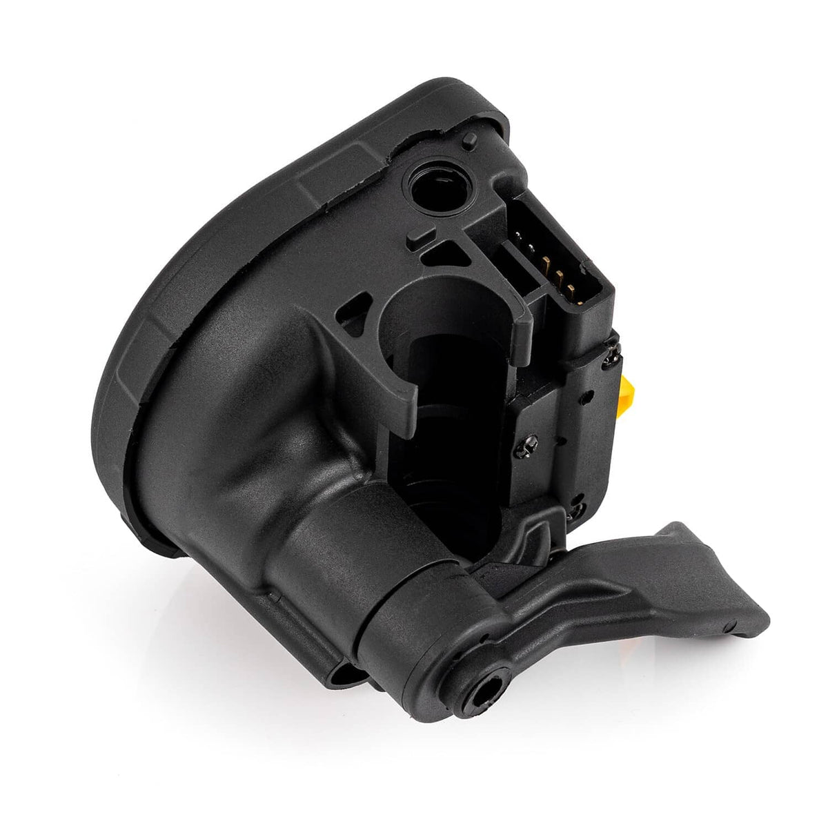 Thumb throttle lever angled view showing black housing and exposed electrical connector