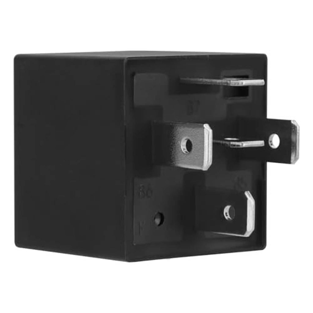 Automotive relay side view with black housing and exposed metal contact pins