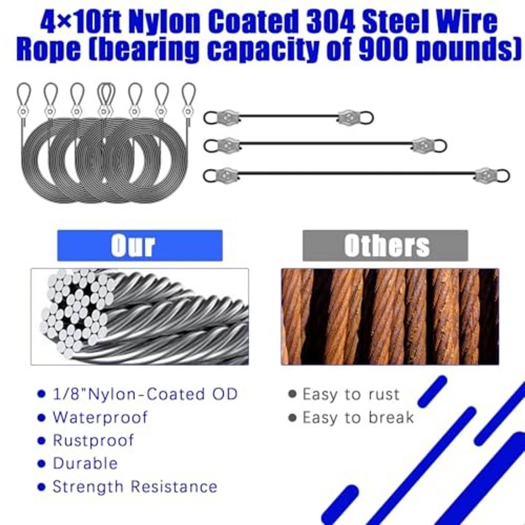 Sun shade sail hardware kit with coiled nylon-coated steel wire and snap connectors