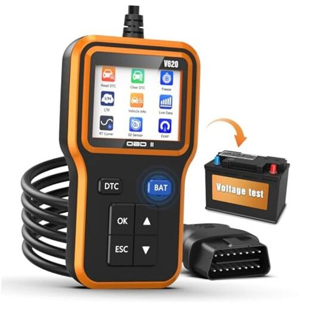 Orange handheld OBD2 scanner with display screen, buttons, and BAT voltage tester