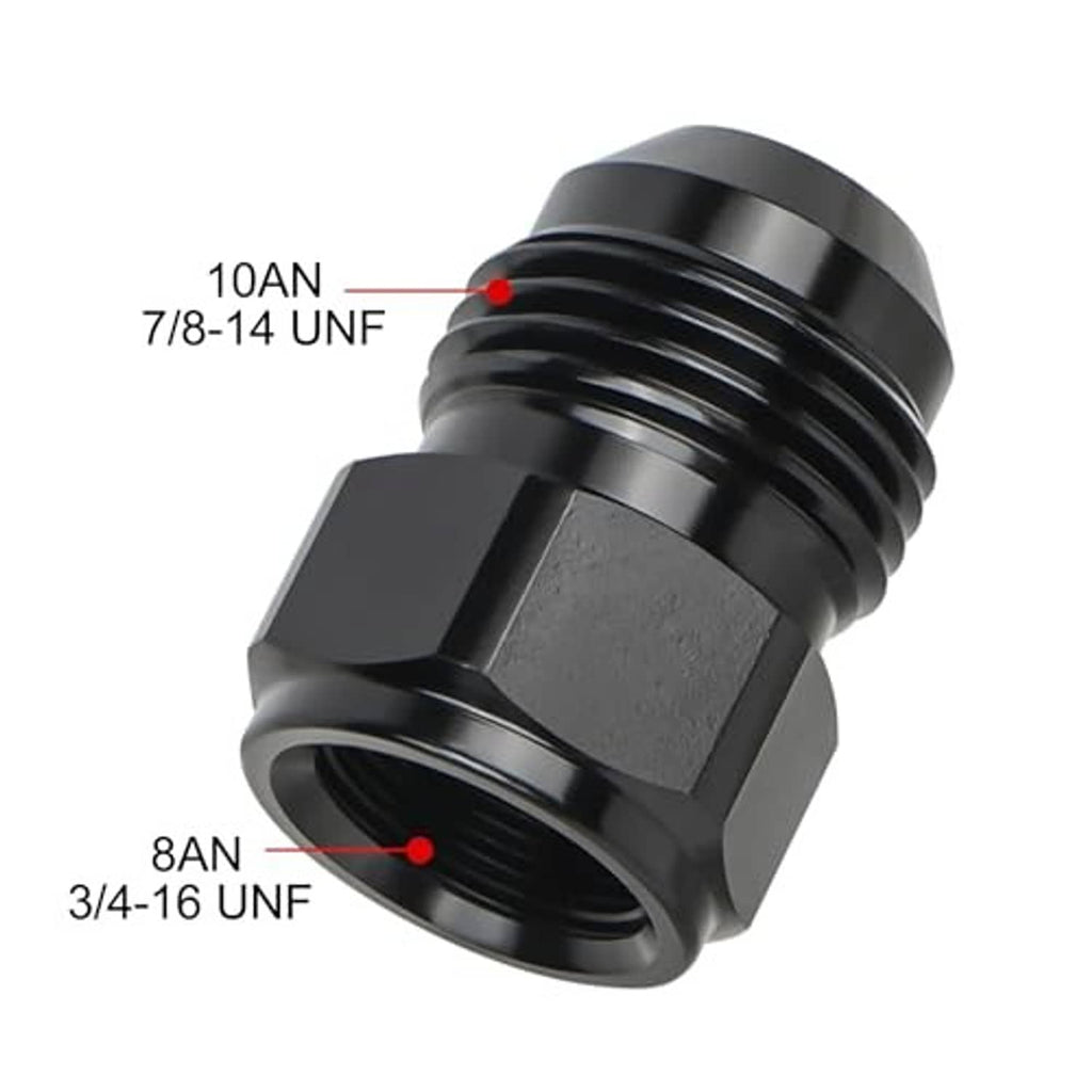 Black AN reducer/expander adapter with hex body, threaded ports, and flared opening