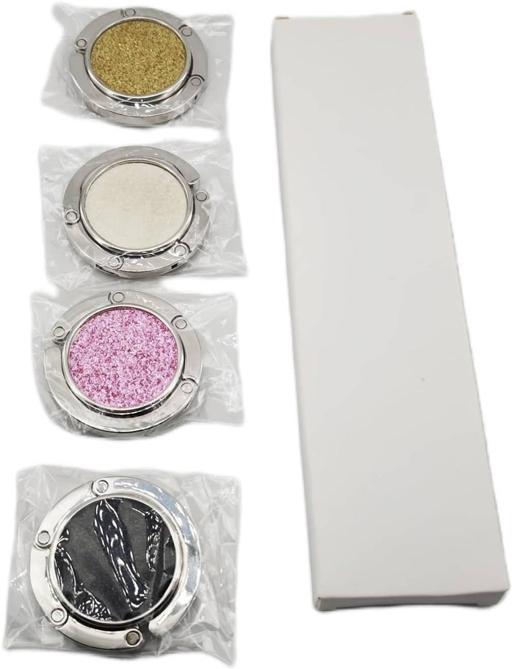 4-pack foldable purse hooks in plastic bags with glitter pads: gold, white, pink, dark gray
