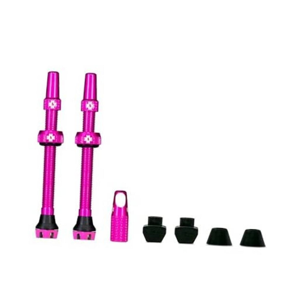 Pair of pink Presta tubeless valves with black base and protective caps