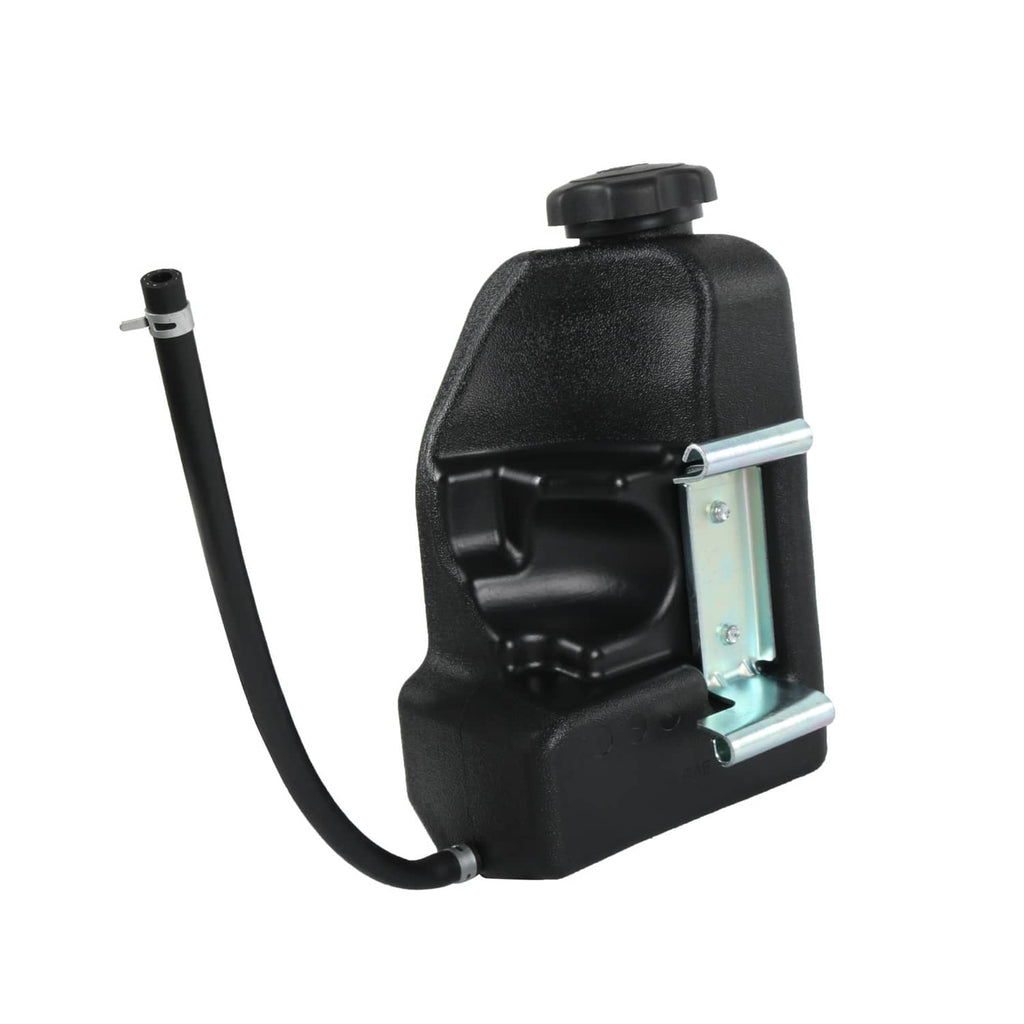 Black fuel tank with cap, connected black fuel line, and metal mounting bracket