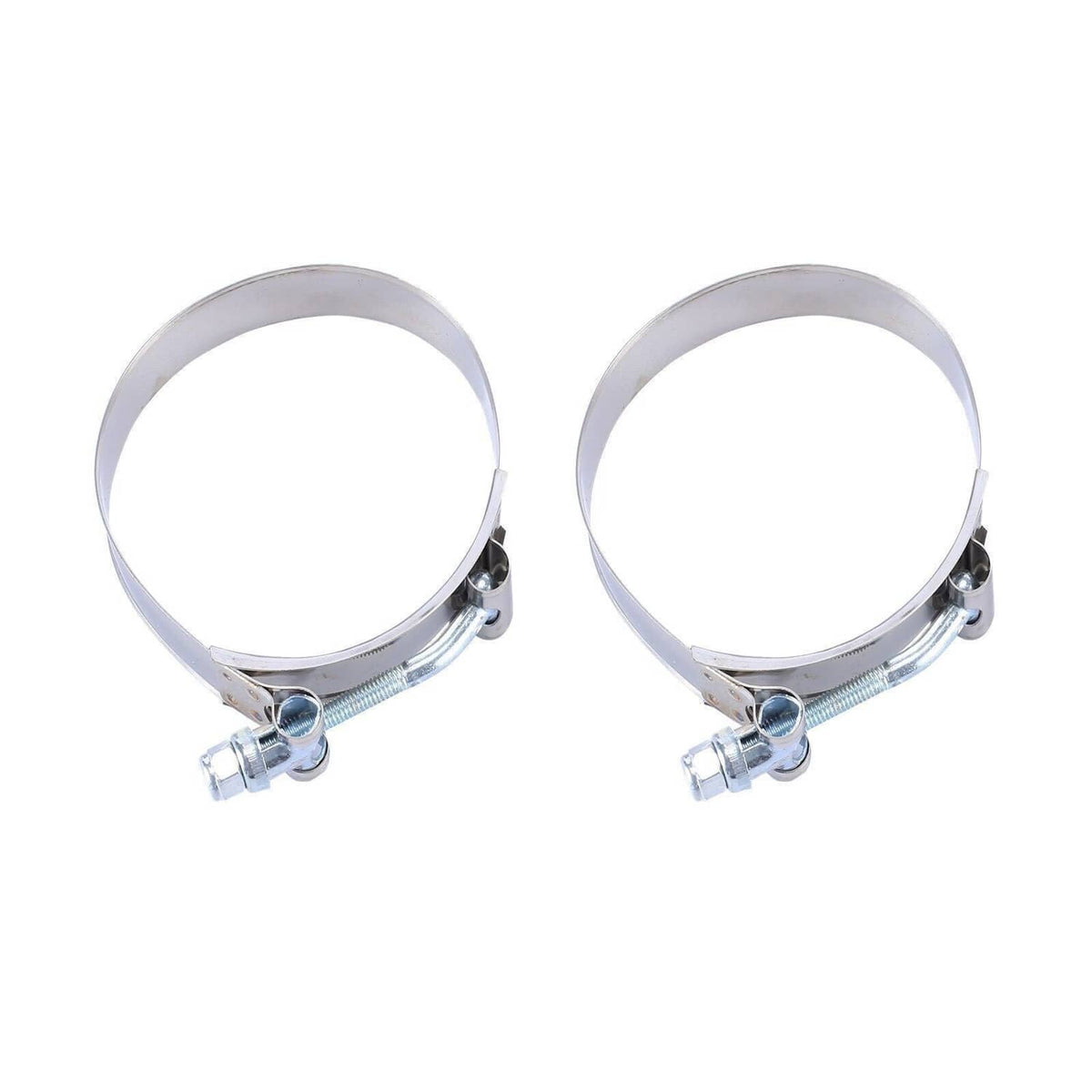 Two stainless steel hose clamps with screw tighten bands