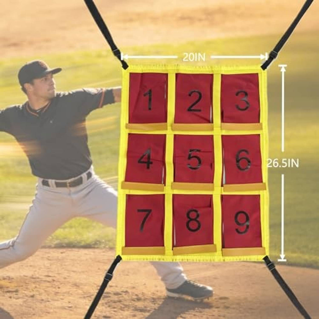 Yellow 1–9 strike zone target board on a net with length markers beside a pitcher