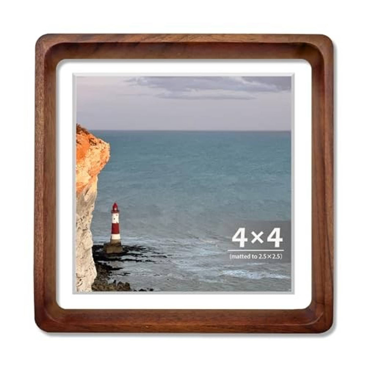 Walnut 4x4 square photo frame with white mat, front view and centered opening