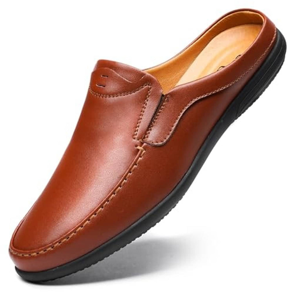 Men's brown leather slip-on loafer with penny-style seam and comfort rubber sole