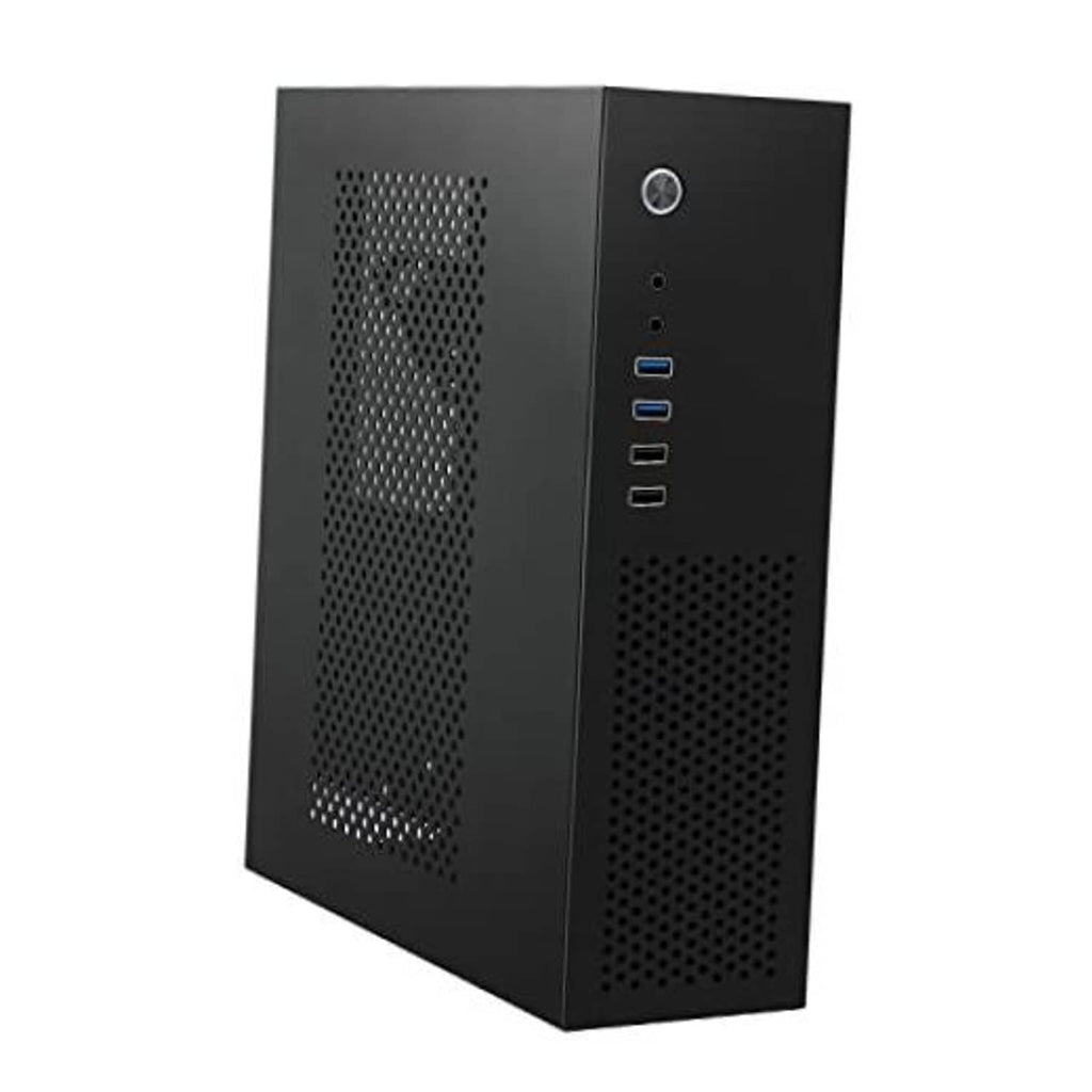 Black micro ATX desktop PC case with perforated front vents and front I/O panel
