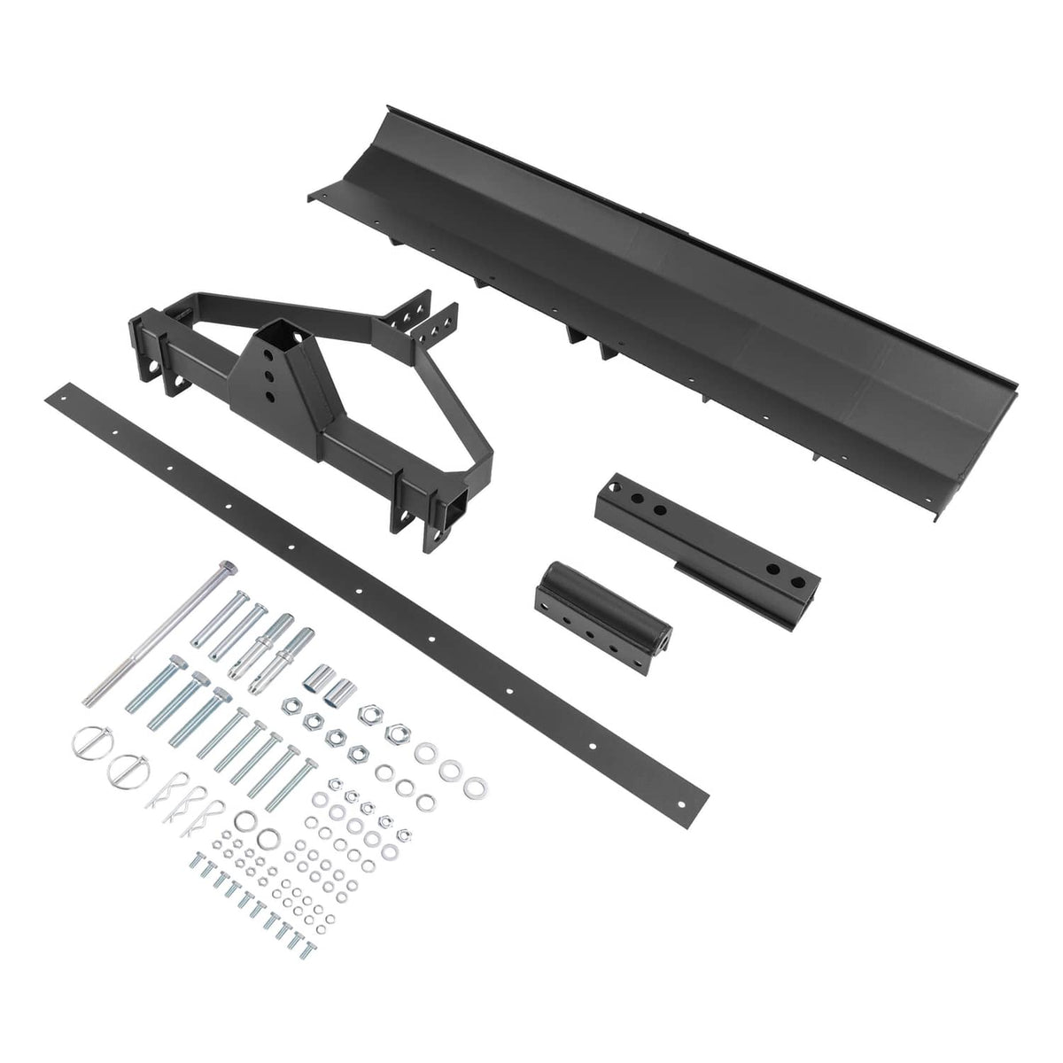 Grading blade scraper blade kit with black blade sections, brackets, and bolts
