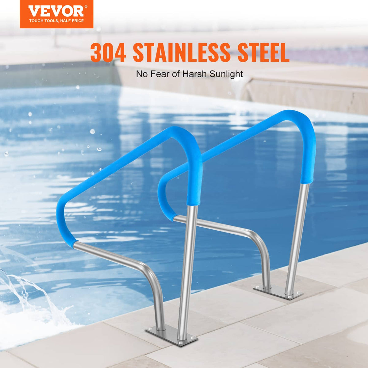 Stainless steel pool handrails with blue grips and base plates, ready for deck mounting