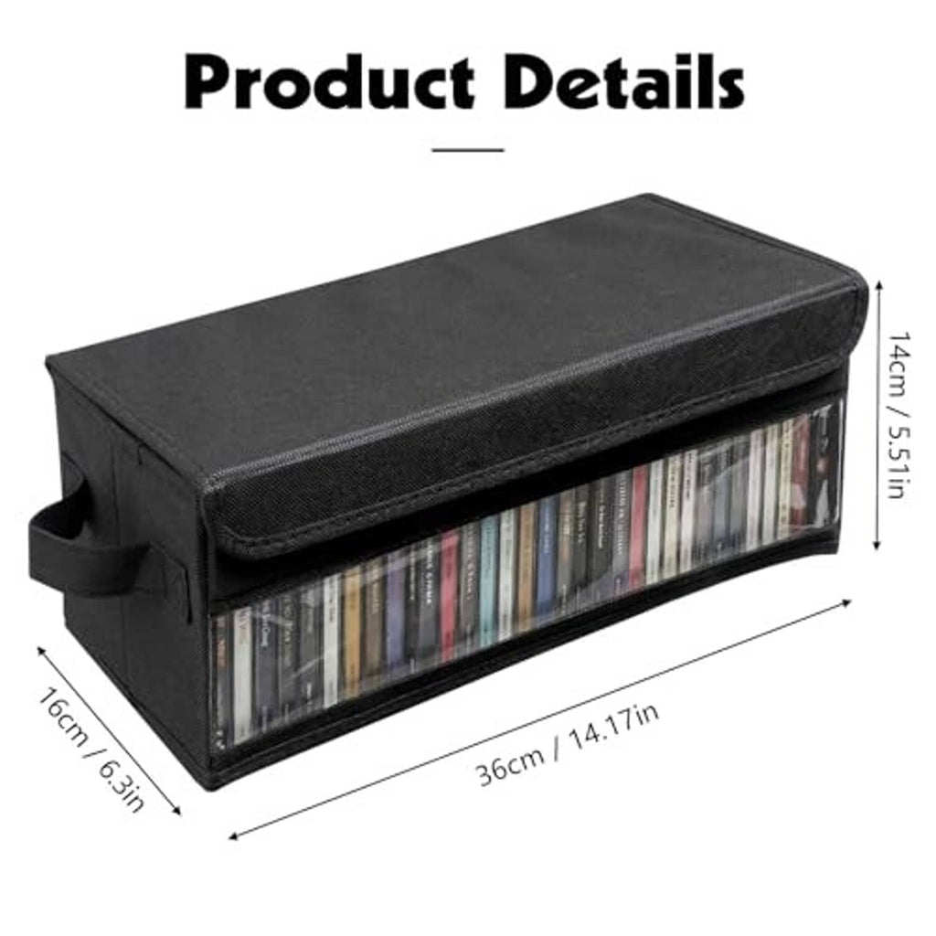 Black fabric CD storage box with flip-top lid and clear front window for CDs