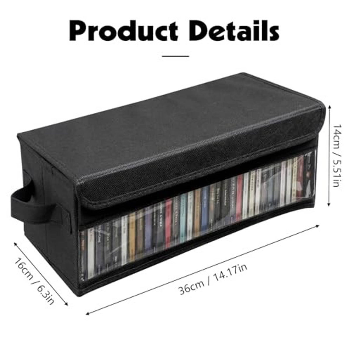 Black fabric CD storage box with flip-top lid and clear front window for CDs