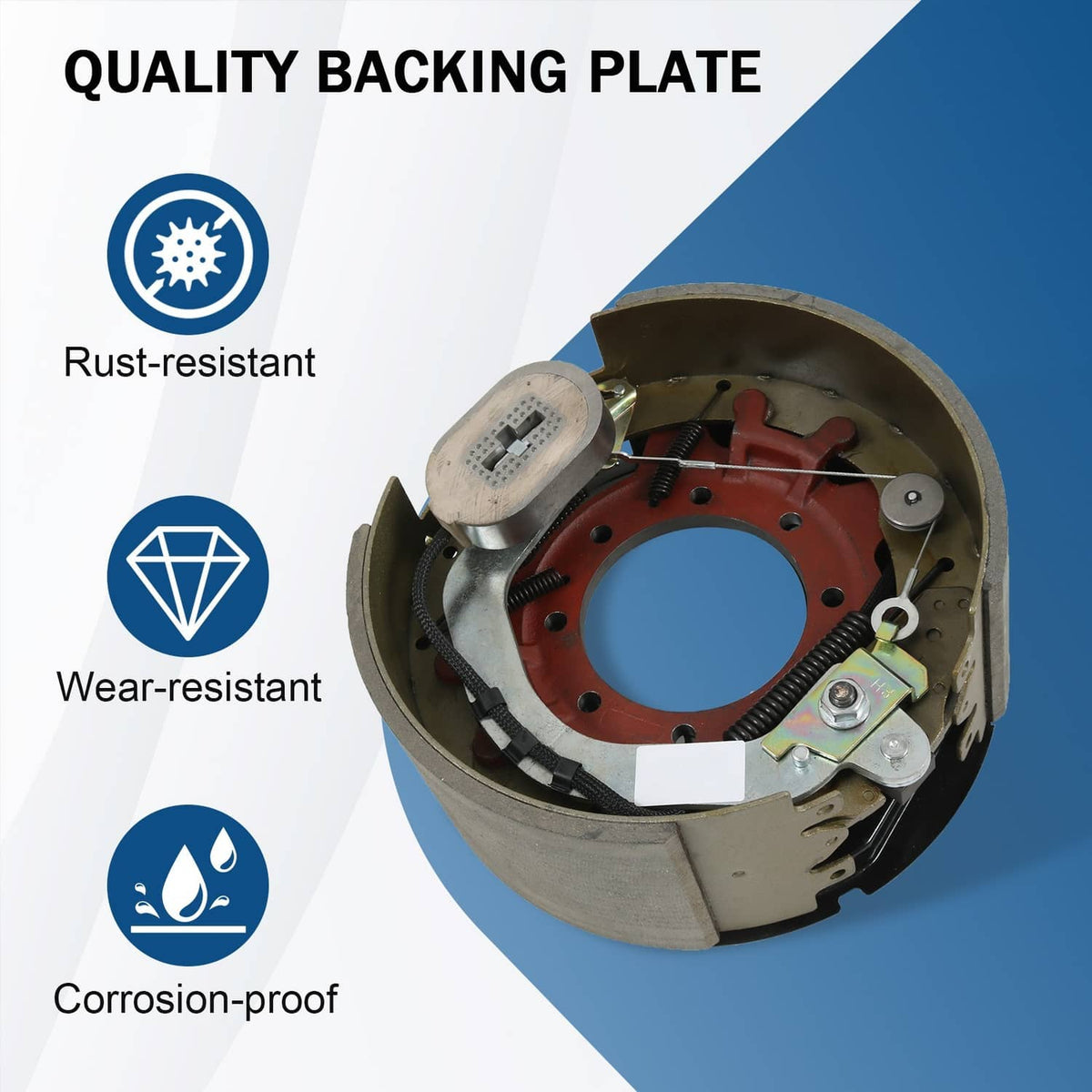 Electric trailer brake backing plate with red backing plate, brake springs, and wiring connector