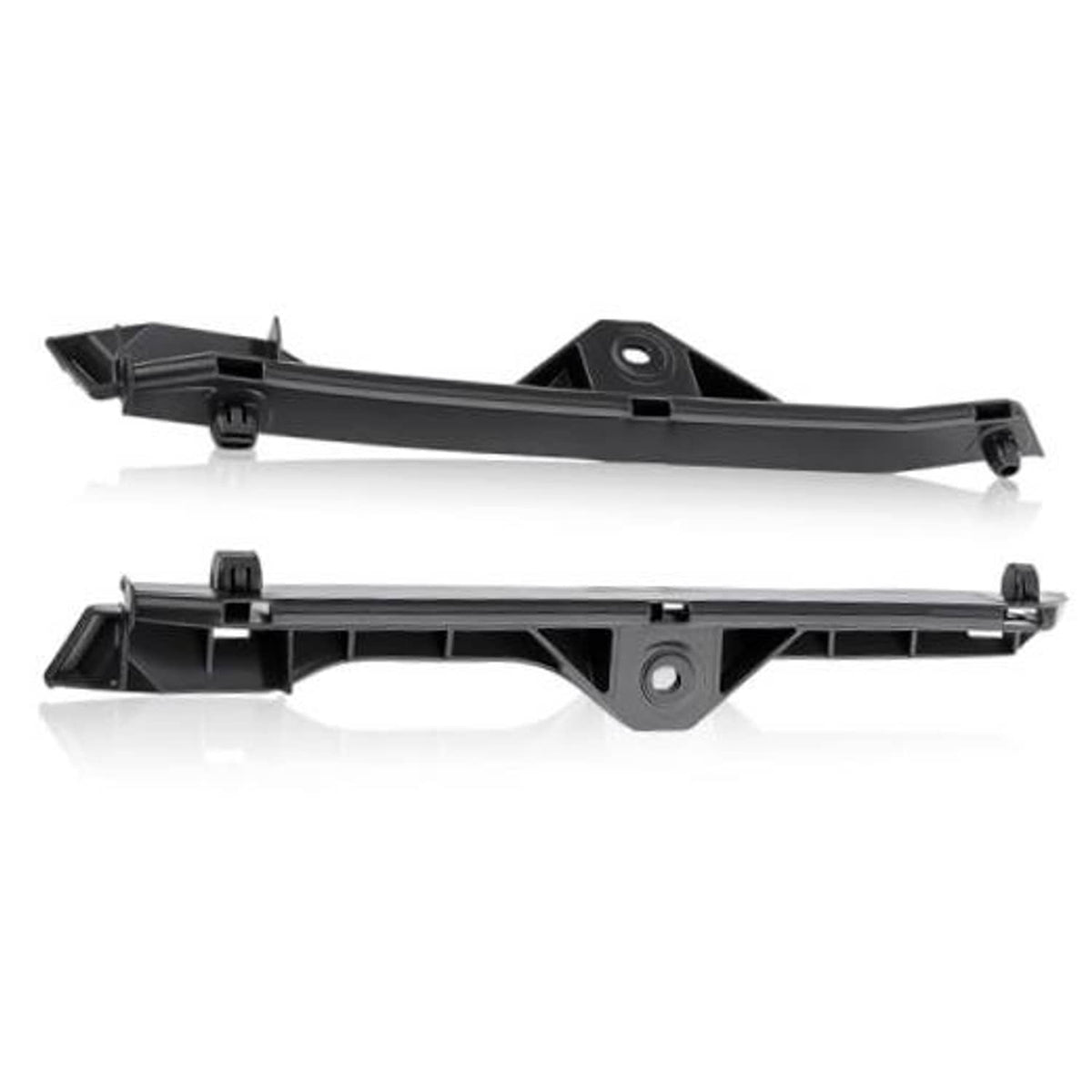 Front bumper retainer bracket, black plastic with mounting hole and retaining clips