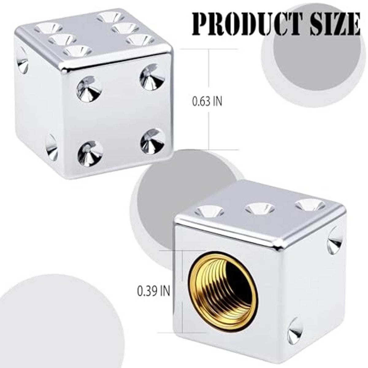 Chrome dice valve stem cap with gold thread insert; approx. 0.63 in length