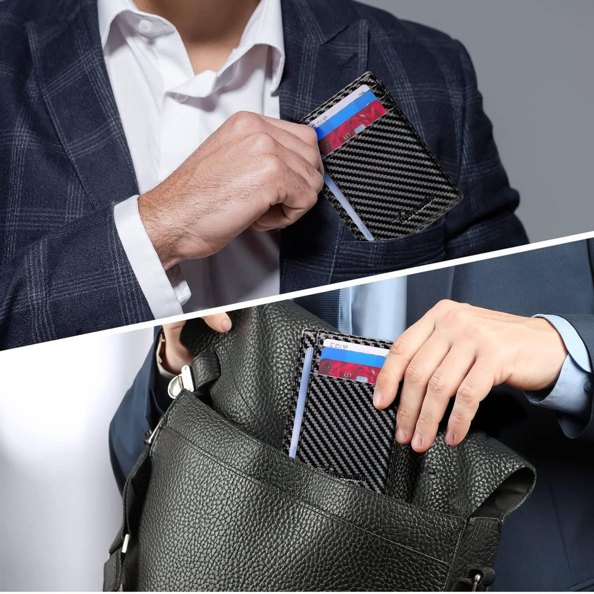 Black carbon-fiber card wallet being inserted into a bag pocket