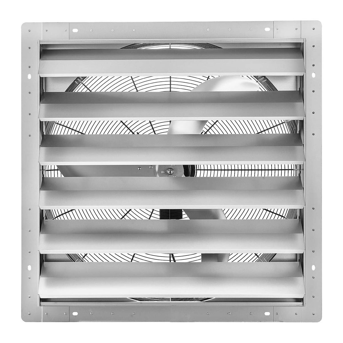 Wall-mounted shutter exhaust fan with silver steel louvers and visible airflow blades