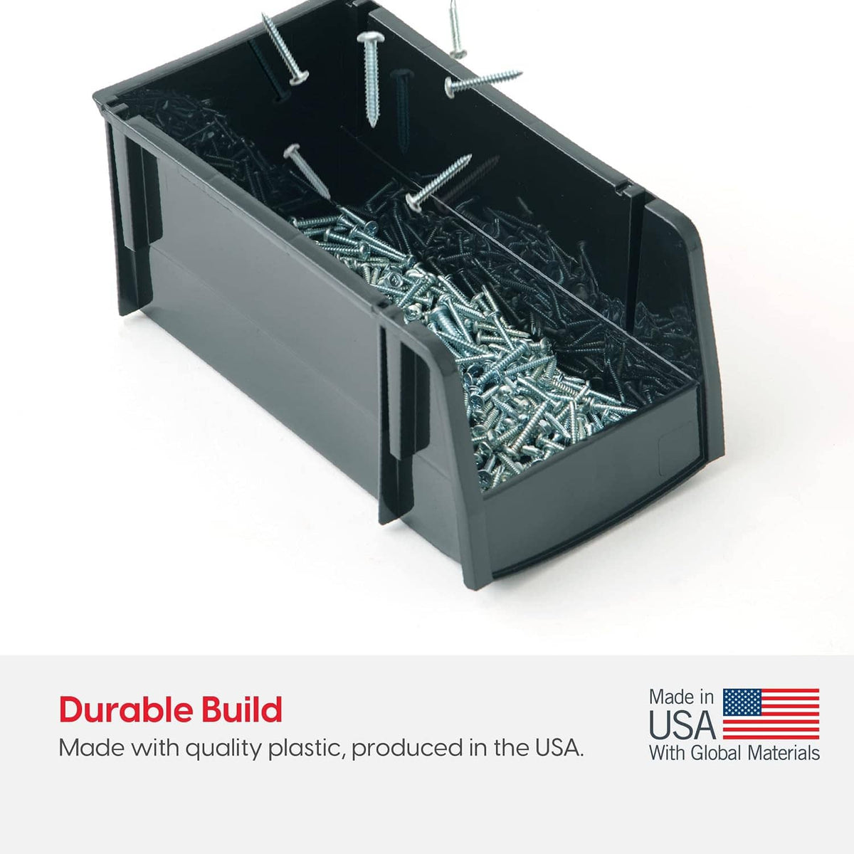 Black open storage bin filled with silver screws and a few fasteners