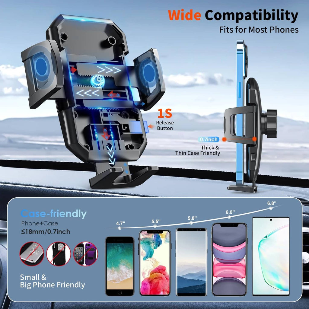 Black car phone holder with adjustable clamp and wide phone compatibility