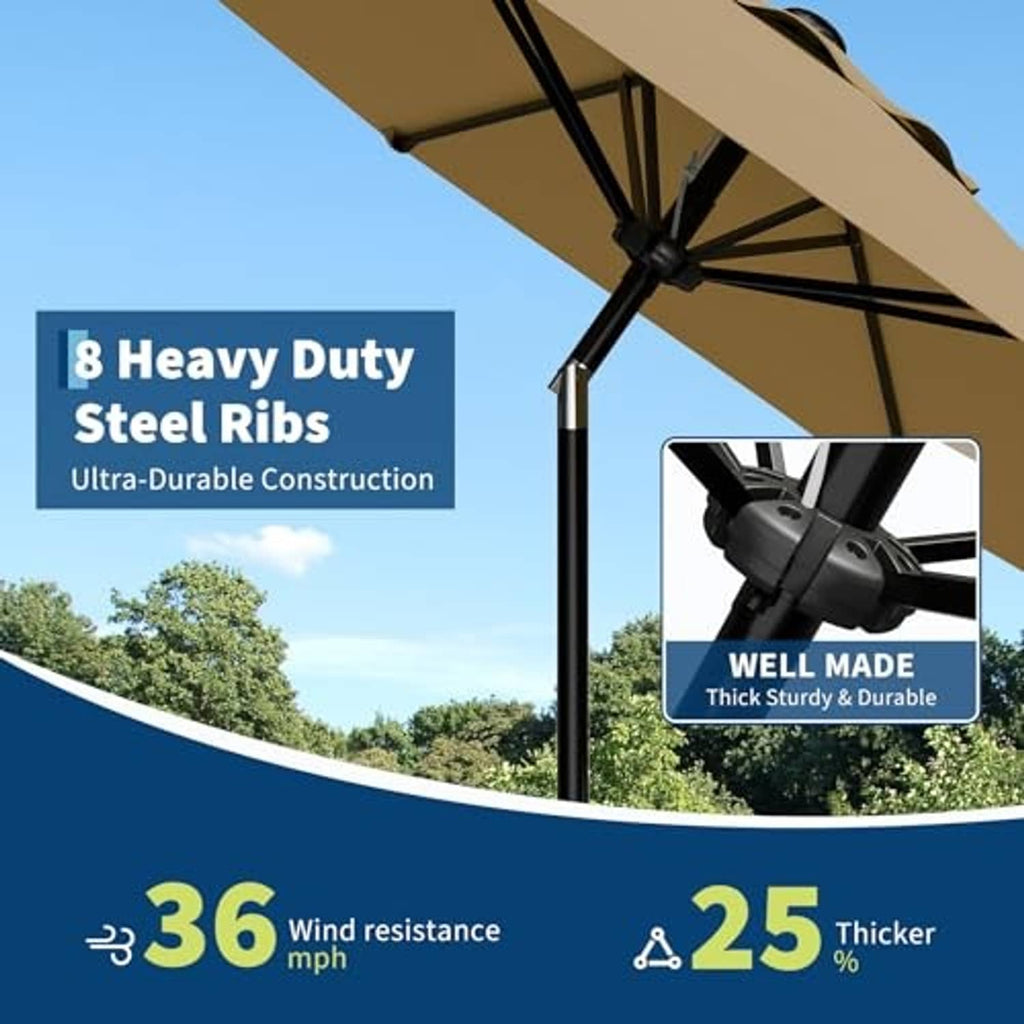 Tan patio umbrella close-up with sturdy ribs under octagonal canopy and black mast