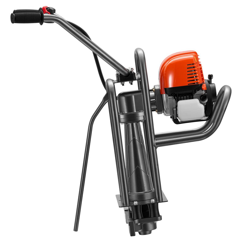 Gas-powered concrete screed machine side view with orange engine and steel column