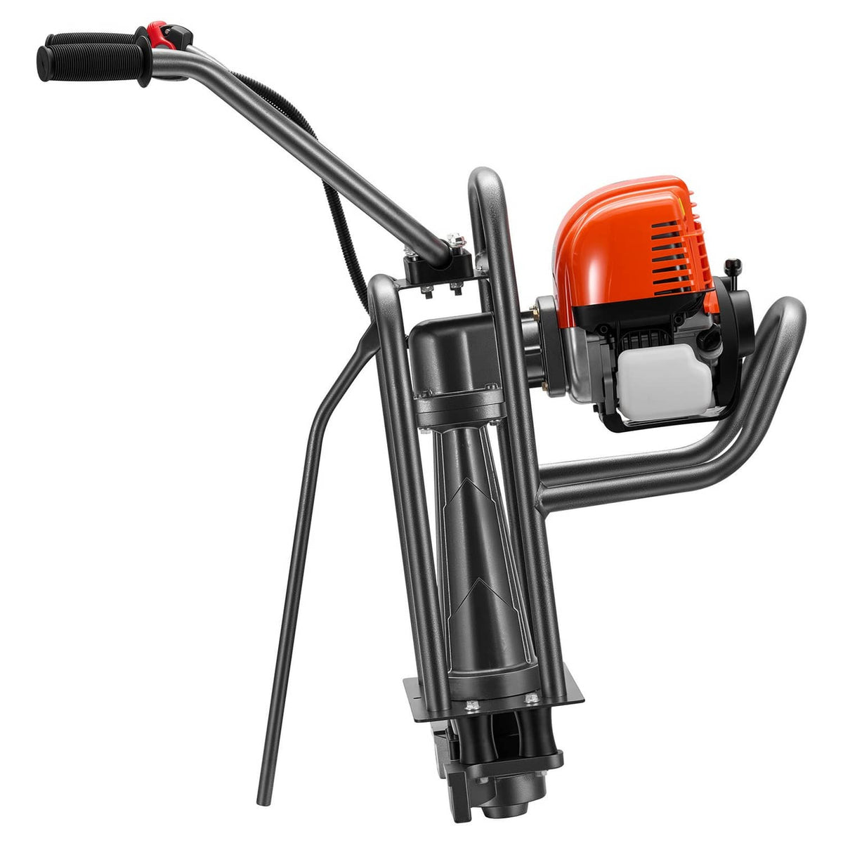 Gas-powered concrete screed machine side view with orange engine and steel column