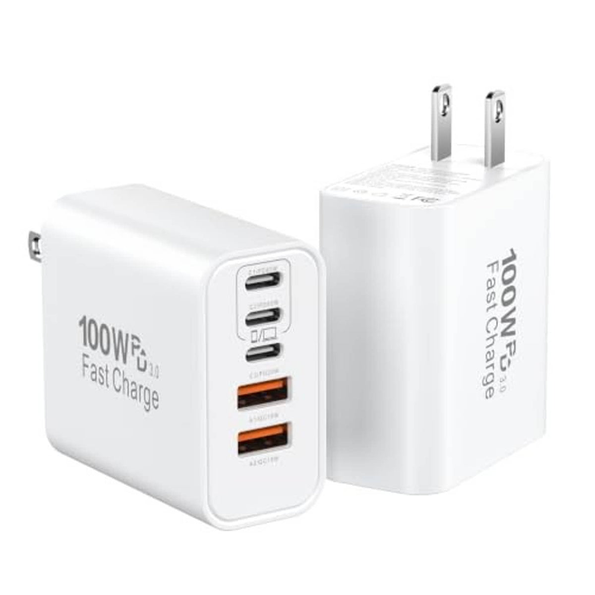 Two white USB-C fast charging cubes with US plug prongs and orange port indicators.
