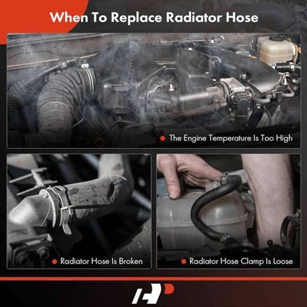 When to replace radiator hose infographic with engine bay and broken-hose scenarios