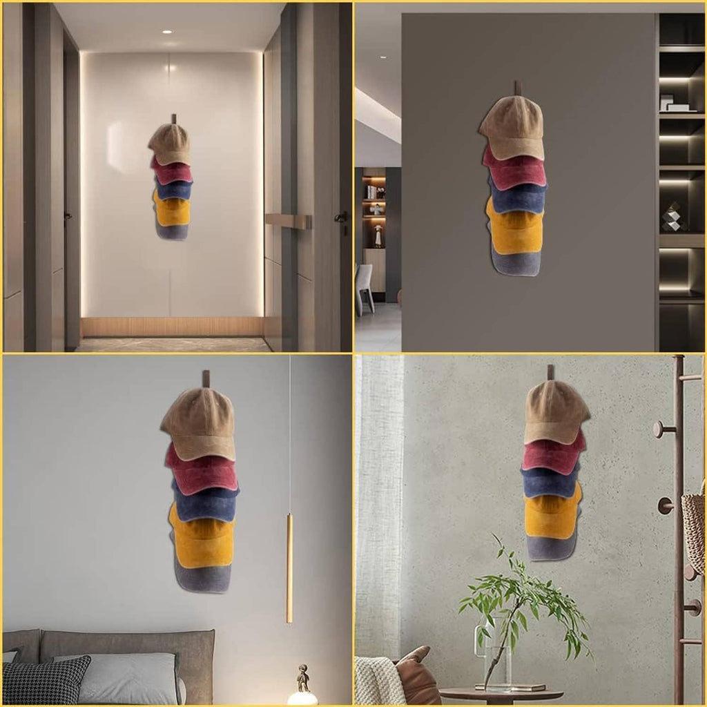 Wall-mounted cap rack holding stacked baseball caps on curved wooden hooks