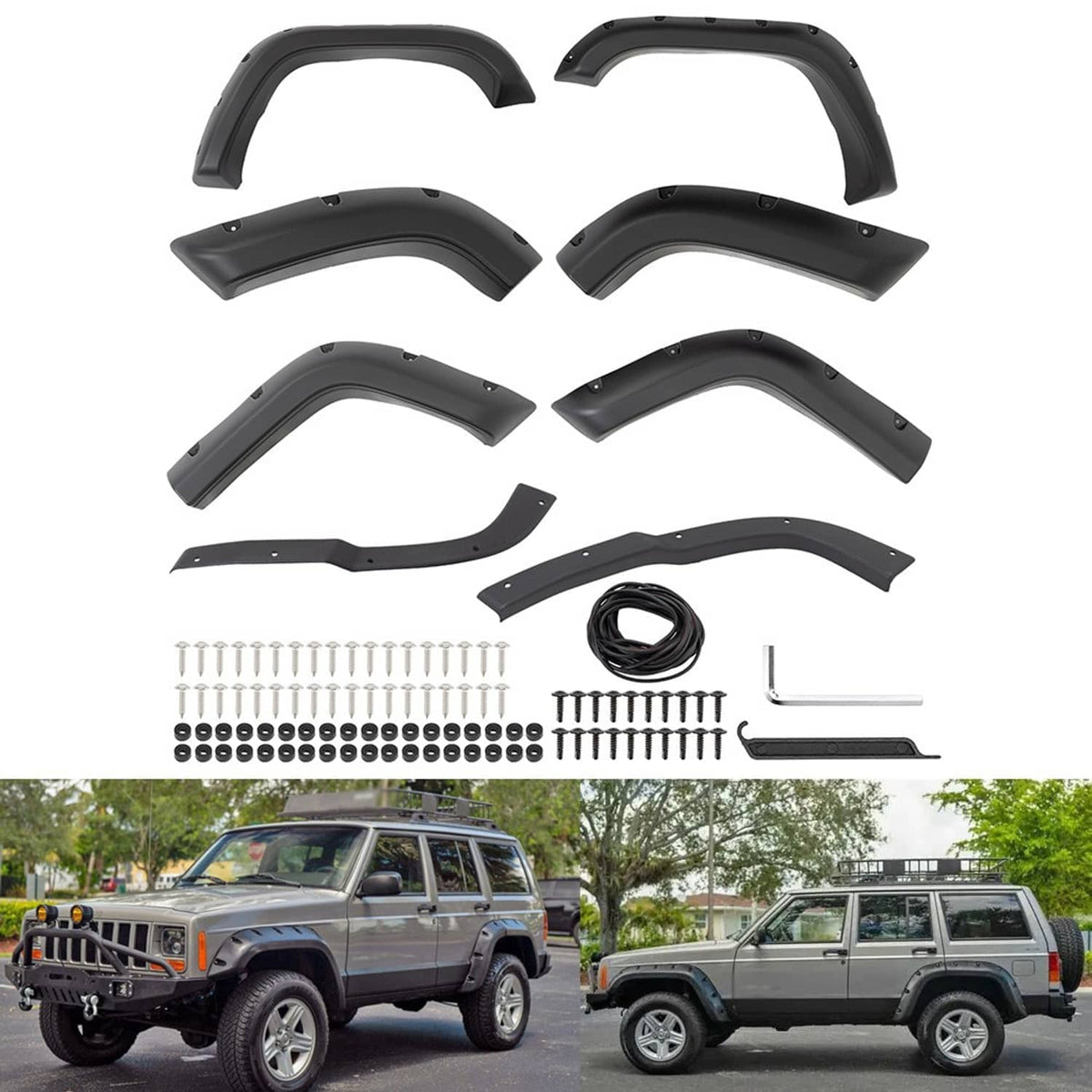 Black fender flare set with mounting hardware and install wire