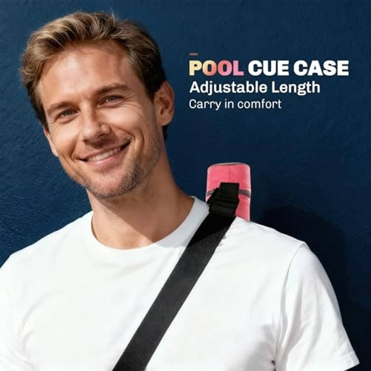 Red pool cue case worn diagonally with black shoulder strap on a smiling man in white.