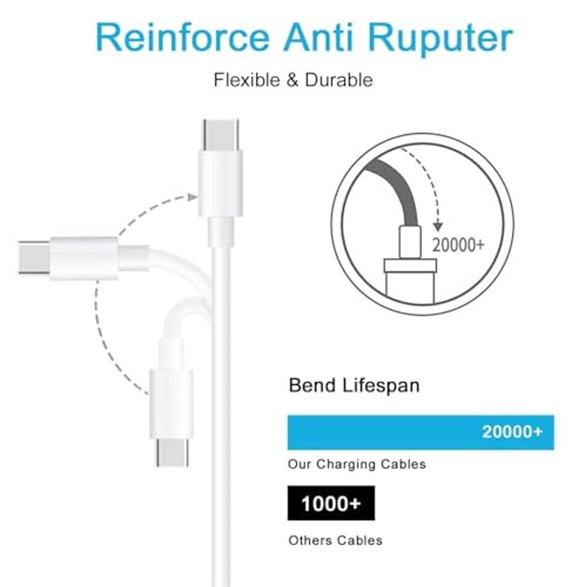 White charging cable with reinforced anti-rupture bend protection graphic