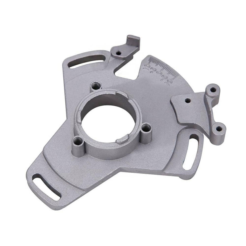Aluminum stator timing plate showing circular bore and raised tabs, gray metal