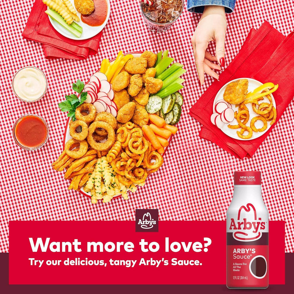 Arby's Horsey Sauce bottle with snack platter and dipping sauce cups