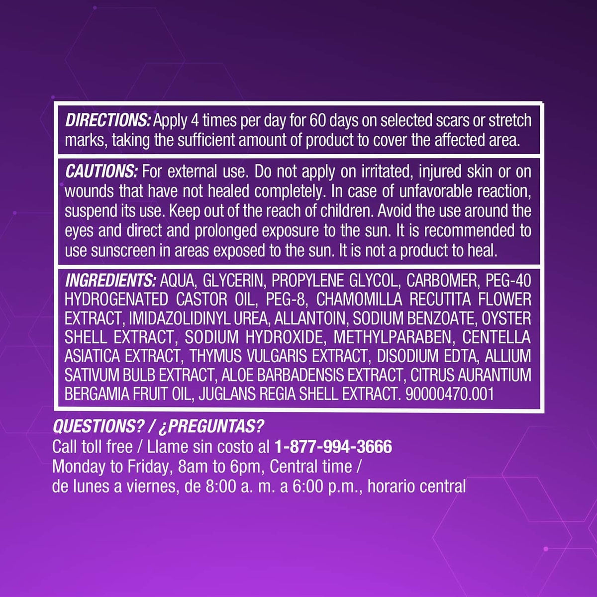 Scar gel directions and ingredient list informational panel