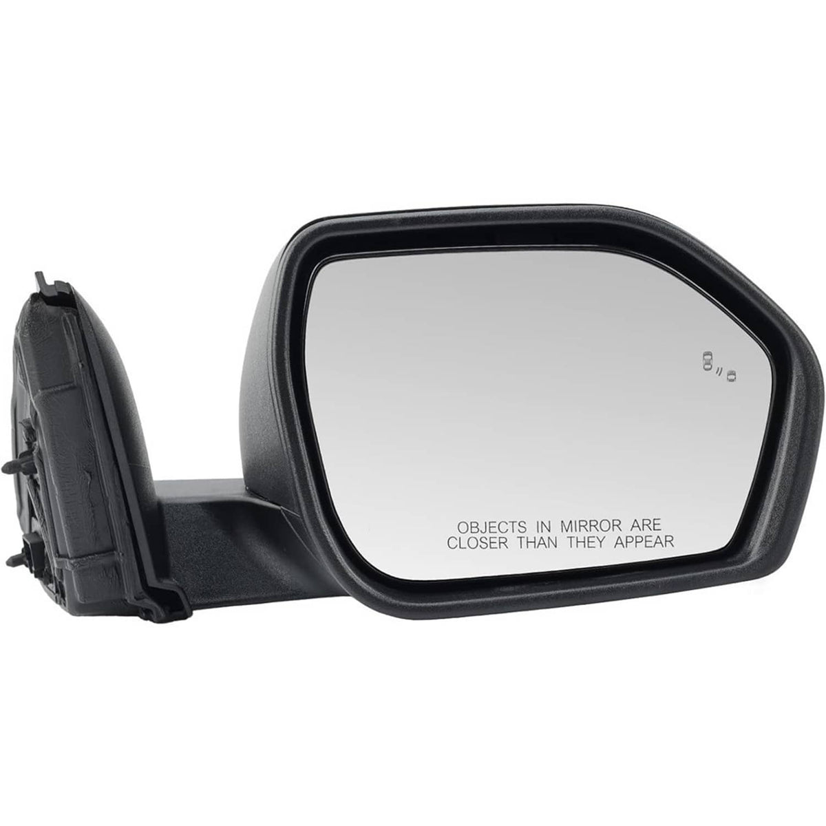 Right side mirror with heated glass and warning text on lens