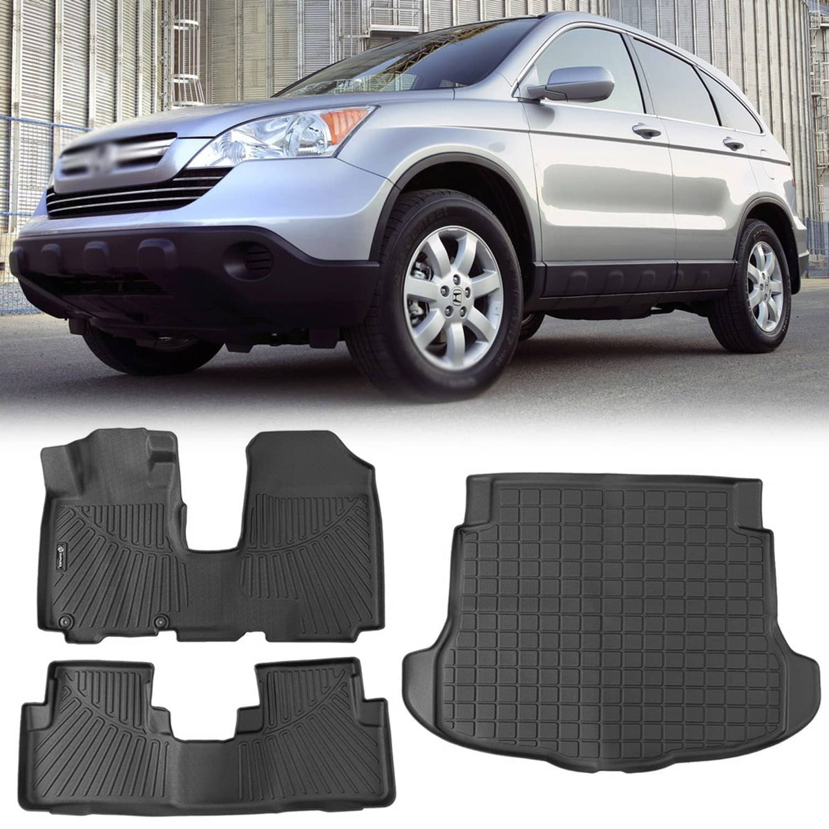 Car floor mats and cargo liner set, dark gray molded rubber with raised channels.