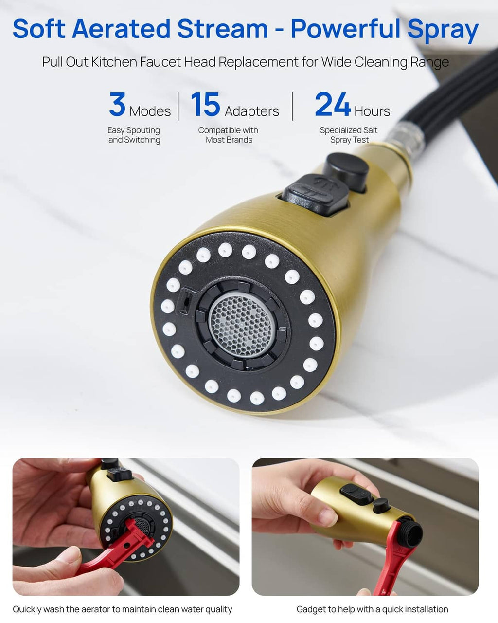 Brushed gold kitchen sprayer head replacement with multi-hole black nozzle face