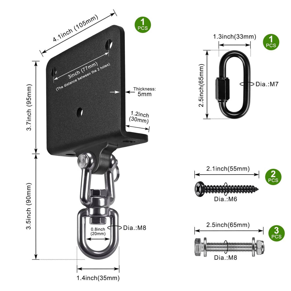 Steel I-beam hanger mount and swivel hook, size diagram with mounting hardware