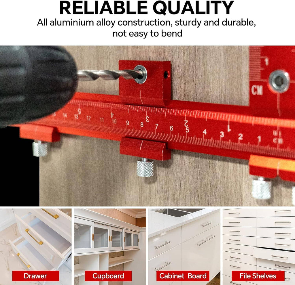 Red cabinet handle jig guide with metal ruler and drill bit aligned for holes