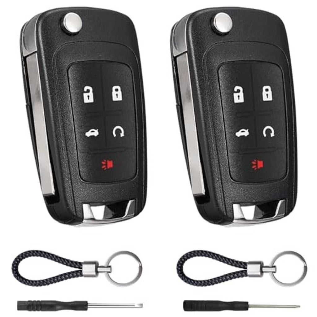 Black 5-button key fob replacement shell, two views with keyring lanyard and metal key blade