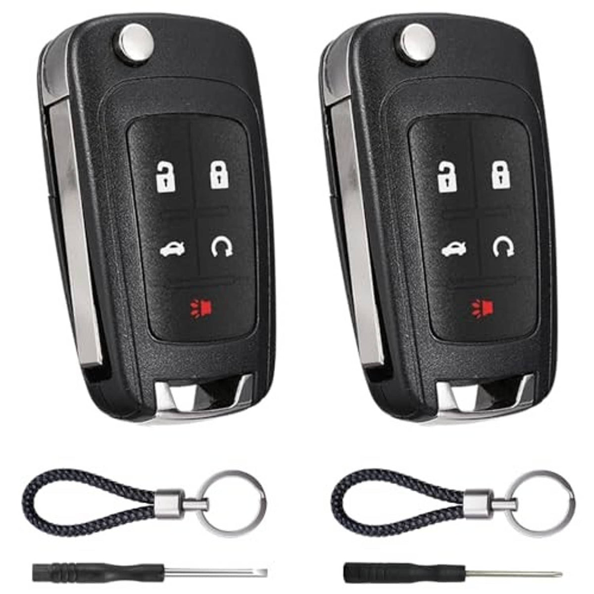 Black 5-button key fob replacement shell, two views with keyring lanyard and metal key blade