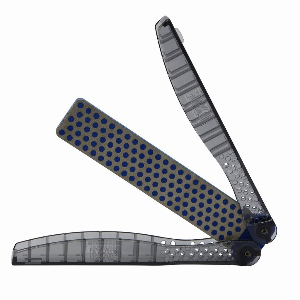 Portable double-sided sharpening stone with blue dotted pads and clear angle guide