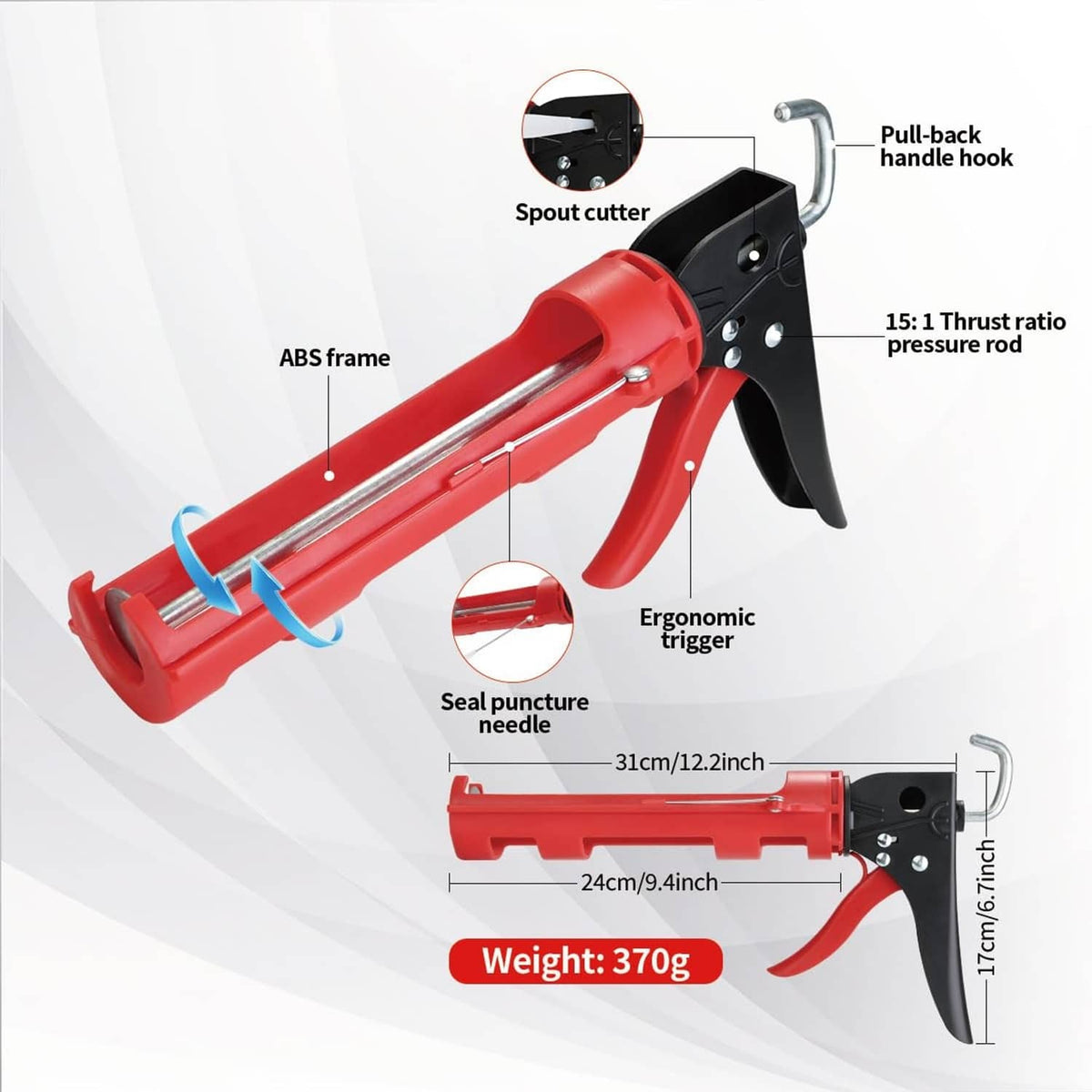 Red caulk gun with puncture needle, spout cutter, and pull-back handle