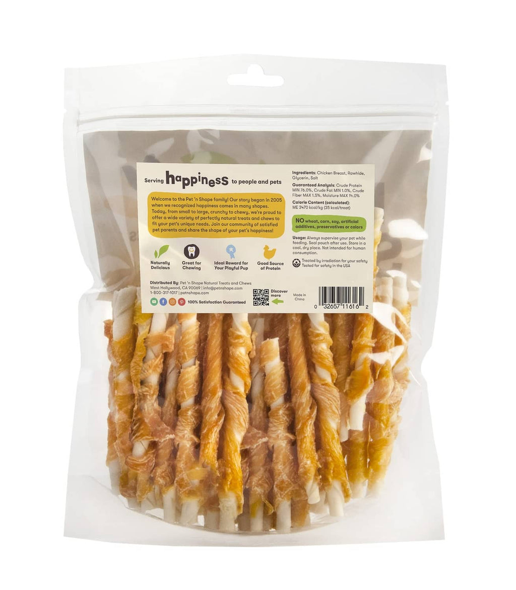 Dog chicken-wrapped rawhide twists bag with back label details and ingredients.