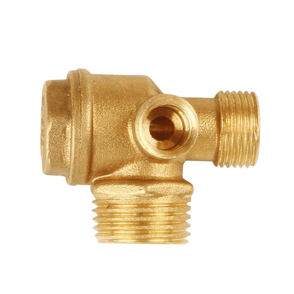 Brass air compressor check valve with angled body and threaded inlet/outlet